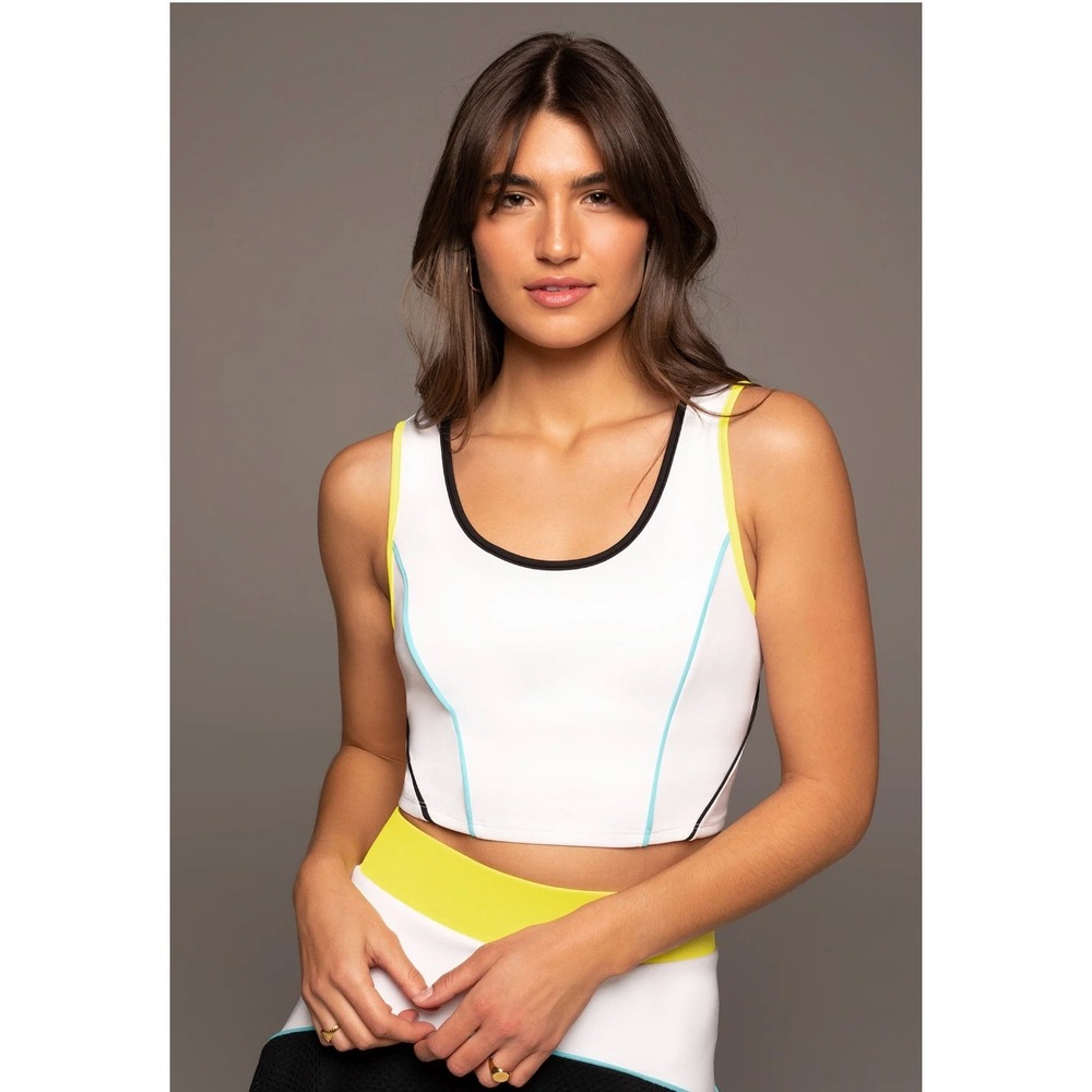 NWT Michi White Crop Top Neon Yellow Contrast Piping Athletic Tank Medium NWT‎